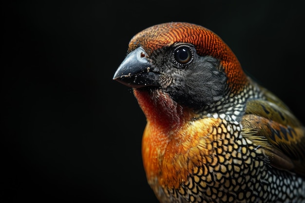 Foto retrato místico de scalybreasted munia de pie en el estudio aislado sobre un fondo negro