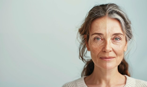 Foto retrato de mitad de cara de mujer envejecida juventud y madurez