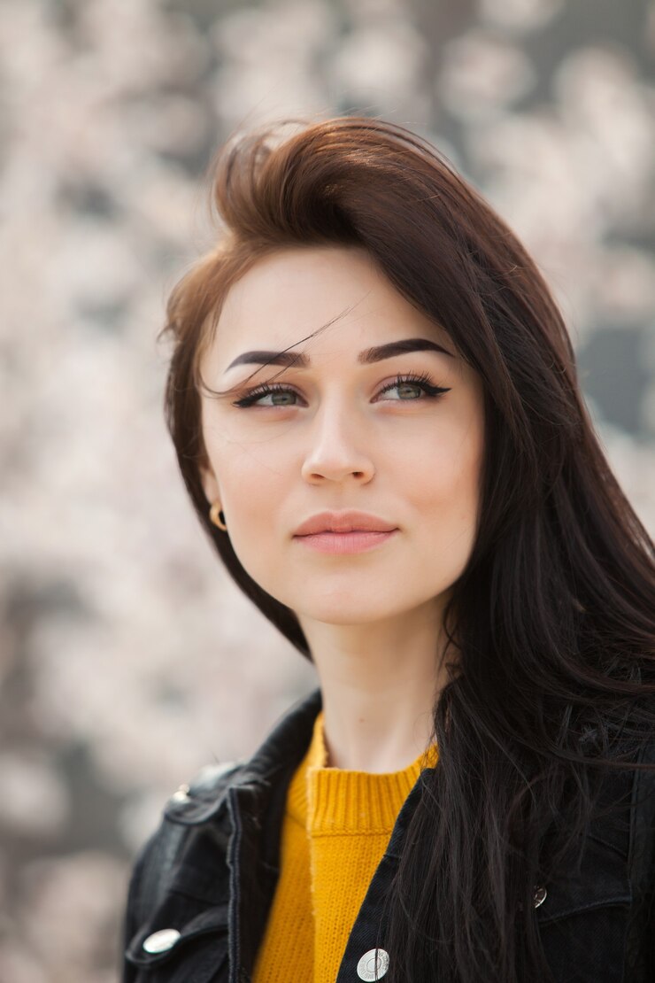 Foto retrato de moda de belleza de joven hermosa mujer morena con cabello largo negro y ojos verdes