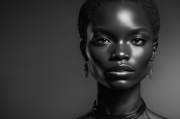 Retrato de moda en blanco y negro hermosa mujer negra en iluminación de estudio Ilustración generativa de IA