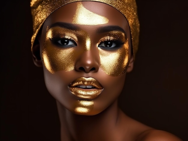 Foto retrato de moda de una chica de piel oscura con maquillaje dorado.