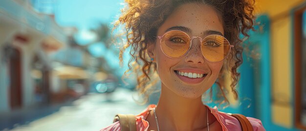 Retrato de moda de estilo de vida de una joven elegante mujer hipster caminando por la calle con un lindo traje de moda disfrutando de un sabroso batido y viajando con su mochila