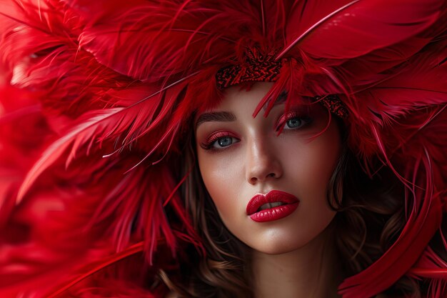 Foto retrato de moda de una hermosa chica rodeada de plumas rojas