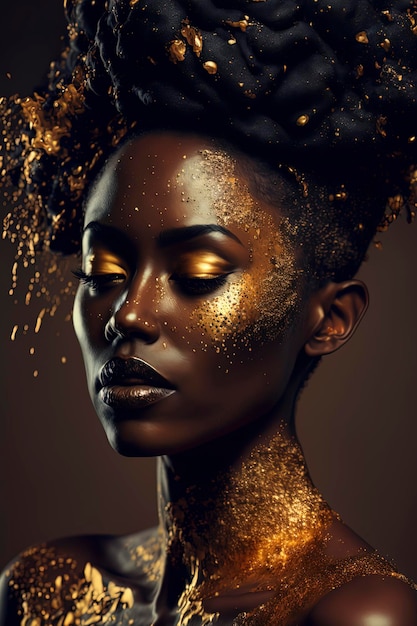 Retrato de moda de una hermosa mujer joven con arte facial de maquillaje de arte líquido dorado brillante sobre fondo oscuro AIGenerated