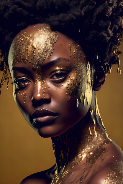 Retrato de moda de una hermosa mujer joven con arte facial de maquillaje de arte líquido dorado brillante sobre fondo oscuro AIGenerated