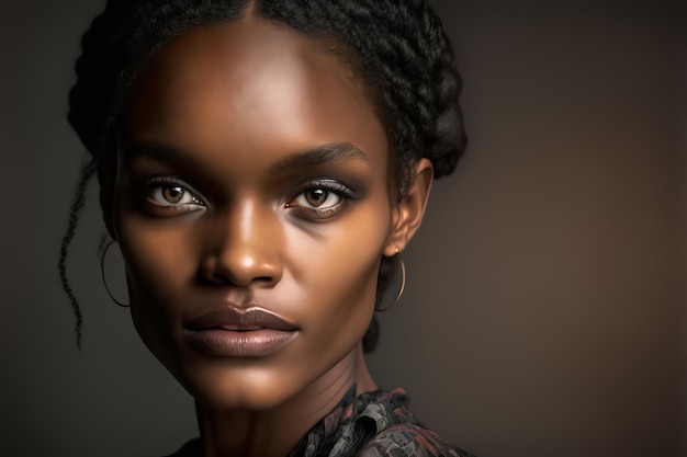 Retrato de moda hermosa mujer negra con maquillaje natural en iluminación de estudio oscuro Ilustración generativa de IA