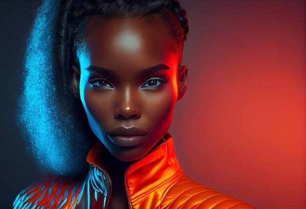 Retrato de moda hermosa mujer negra mira la cámara en la iluminación de estudio de neón Generado por IA