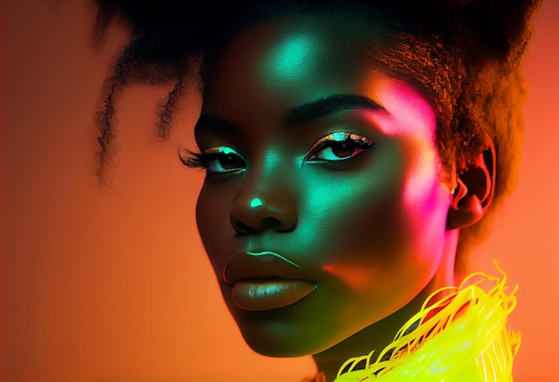 Retrato de moda hermosa mujer negra mira la cámara en la iluminación de estudio de neón Generar Ai