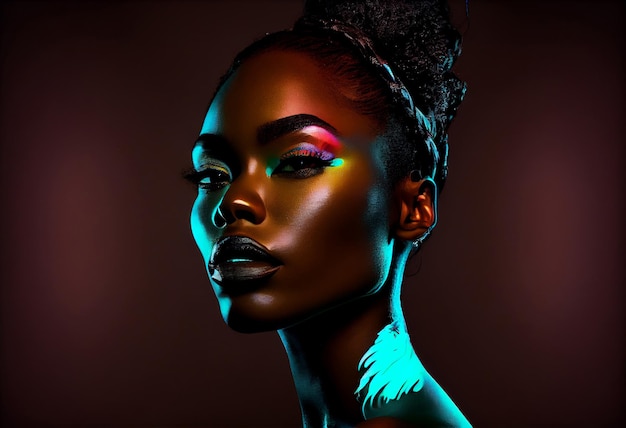 Retrato de moda hermosa mujer negra mira la cámara en la iluminación de estudio de neón Generar Ai