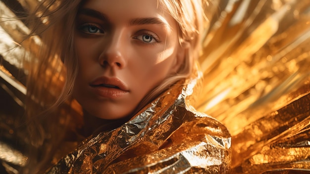 Retrato de moda de una hermosa niña decorada con lámina de oro IA generativa