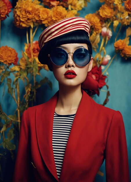 Retrato de moda de una joven y hermosa mujer asiática con peinado corto y gafas de sol en un vestido elegante ai generativo
