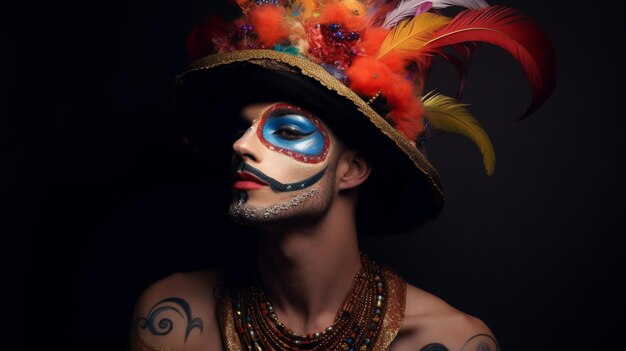 Retrato de moda de un joven con maquillaje creativo y máscara de carnaval