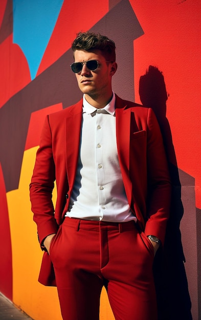 Foto retrato de moda de un joven modelo de hombre de aspecto moderno y elegante sobre el colorido estilo de wall street