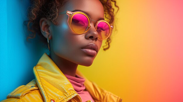 Retrato de moda llamativo y colorido de una mujer con una chaqueta de cuero amarilla