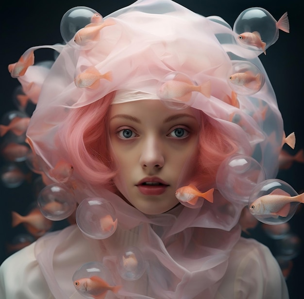 Foto retrato de moda loco de una mujer con peces moda conceptual y creativa del futuro