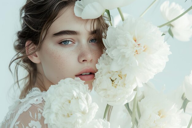 Retrato de moda modelo femenina con flores de peonías