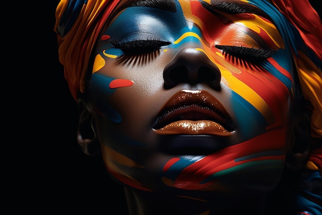 Retrato de moda de mujer africana con maquillaje colorido sobre fondo negro