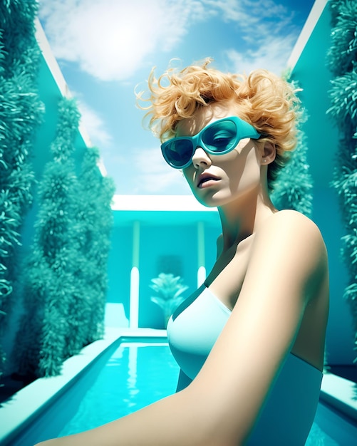 Retrato de moda de una mujer caucásica en bikini nadando en azul