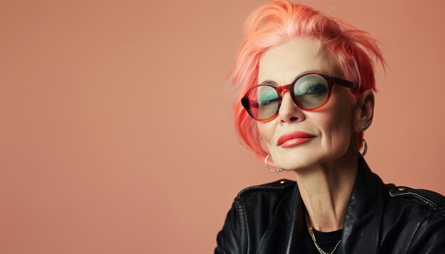 Retrato de moda de una mujer de edad avanzada con cabello teñido peinado rojo brillante en el fondo del estudio