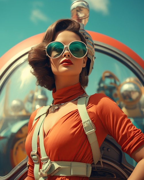 Retrato de moda de una mujer en el estilo retro futurista de los años 60