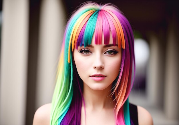 Foto retrato de moda de una mujer hermosa con cabello multicolor ia generativa