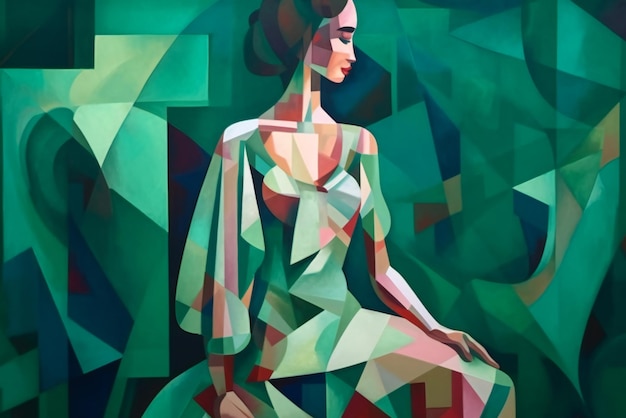 Retrato de moda de una mujer joven y hermosa con un colorido fondo abstracto Collage de arte contemporáneo