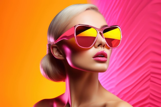 Retrato de moda de mujer Modelo femenino elegante con gafas de sol sobre fondo brillante