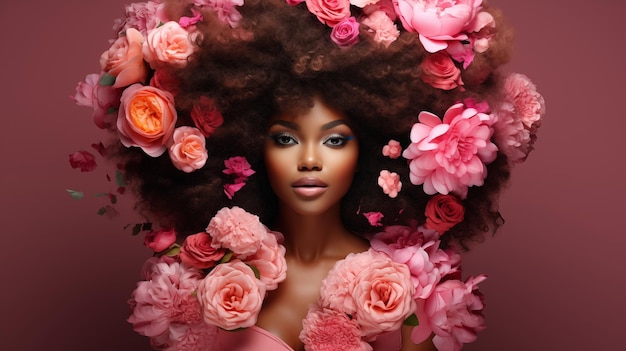 retrato de moda de una mujer negra con flores