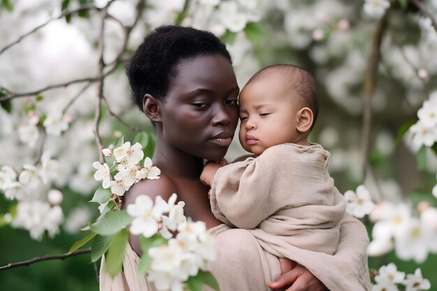 Foto retrato de moda mujer negra madre sostiene abrazos bebé recién nacido en la flor de la primavera concepto de día de la madre