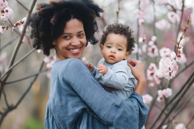 Retrato de moda mujer negra madre sostiene abrazos bebé recién nacido en la flor de la primavera concepto de Día de la Madre