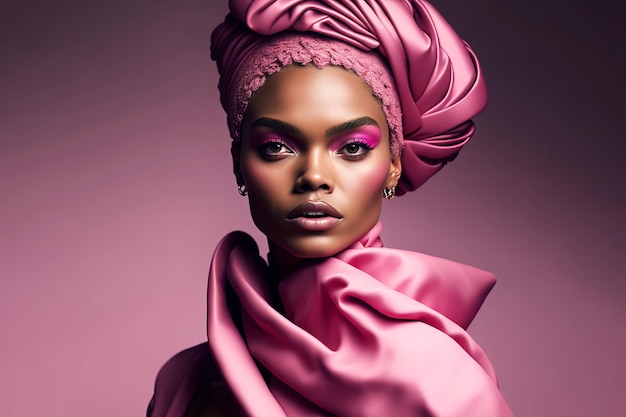 Retrato de moda mujer negra con ropa de alta moda rosada