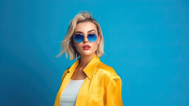 Retrato de moda de una mujer rubia chic con gafas de sol en un colorido telón de fondo de estudio Espacio para texto