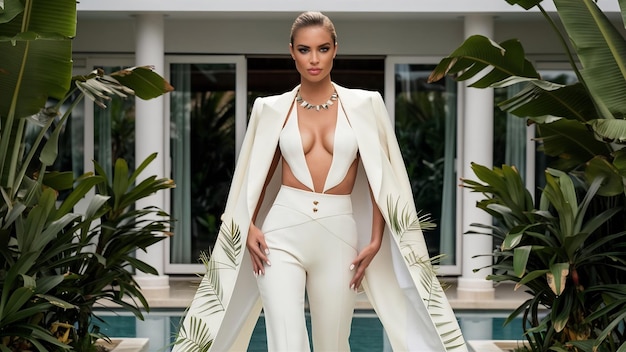 Foto retrato de moda de una mujer en una villa de lujo tropical con un blazer blanco elegante y joyas