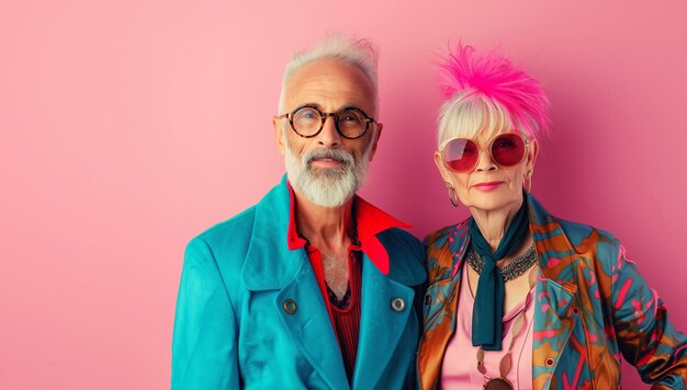 Retrato de moda de una pareja de ancianos moderna y elegante juntos, una mujer y un hombre de edad avanzada y hermosos.