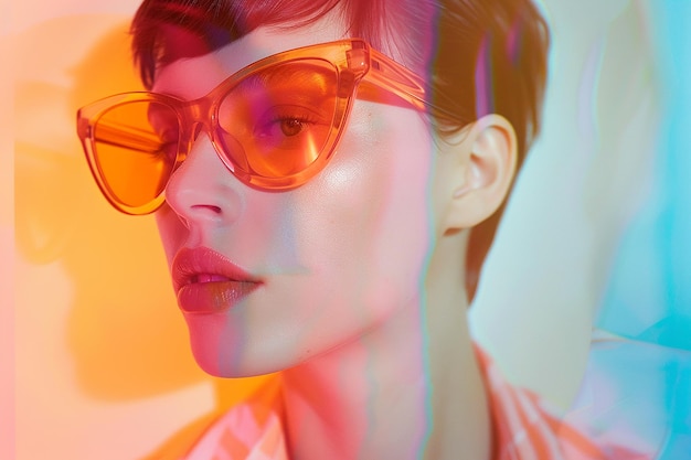 Retrato de moda en primer plano de una mujer elegante con gafas de sol naranja de moda