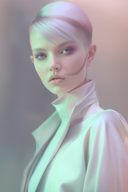 Retrato de modelo caucásico de moda en estilo de fondo de color pastel de moda futurista