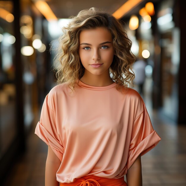 Retrato de una modelo de chica mirando una maqueta de cámara para una tienda de impresión de camisetas