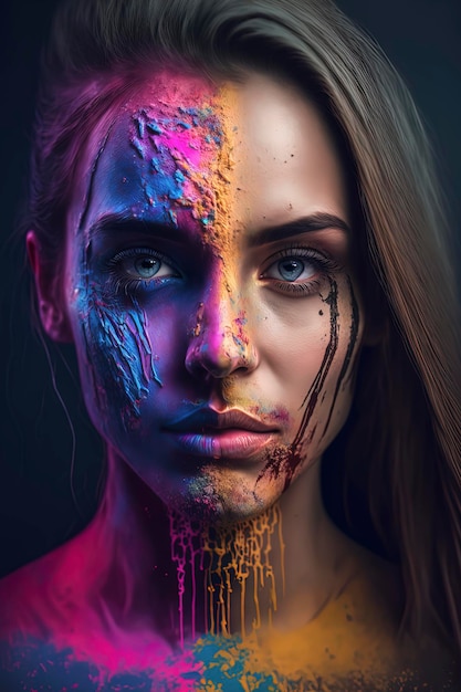 Retrato de modelo con concepto de festival holi pintura polvo de colores en la cara AIGenerated