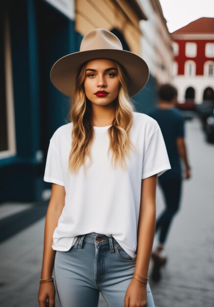 Retrato de modelo femenino con sombrero y camiseta blanca rosa maqueta de camisa en blanco en boho de la calle