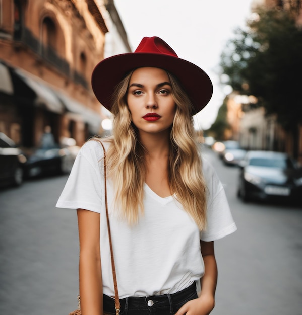 Retrato de modelo femenino con sombrero y camiseta blanca rosa maqueta de camisa en blanco en boho de la calle