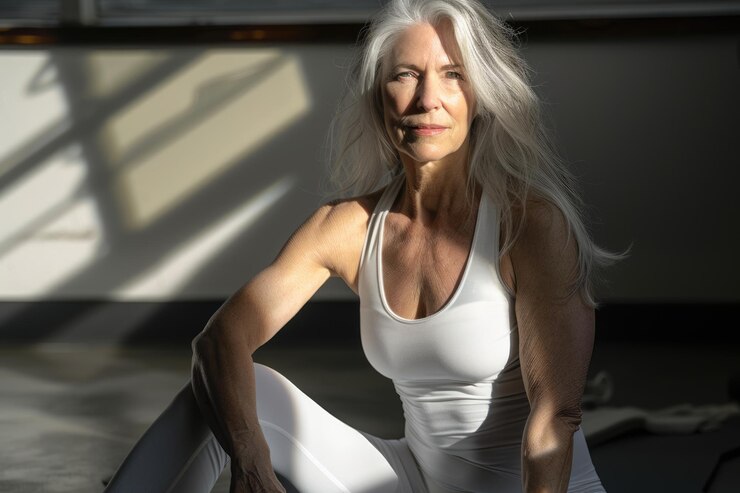 Retrato de una modelo de fitness de 50 años con músculos definidos y leggings blancos de cabello gris