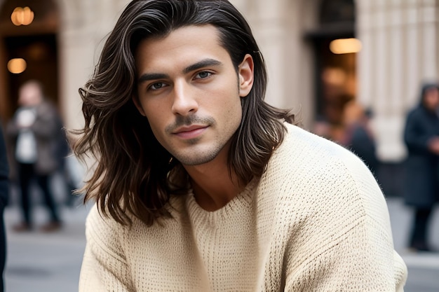 Retrato de un modelo masculino con cabello largo en un suéter beige en los pómulos