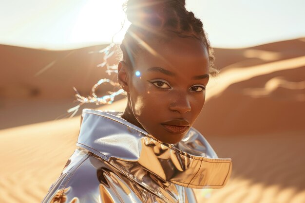 Retrato de una modelo negra con un elegante traje futurista de plata metálica en dunas de arena dorada bajo un cielo despejado