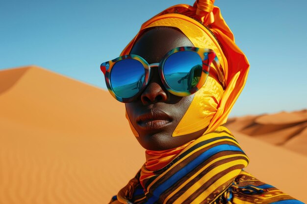 Retrato de una modelo negra vestida con llamativas prendas de colores en dunas de arena dorada