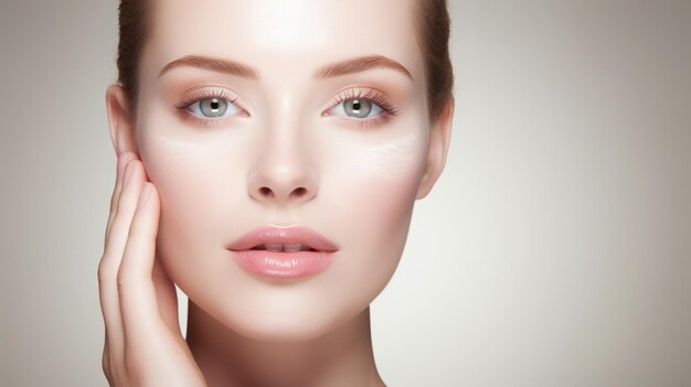 Retrato de una modelo con piel sana y maquillaje natural en un fondo de estudio con espacio de copia