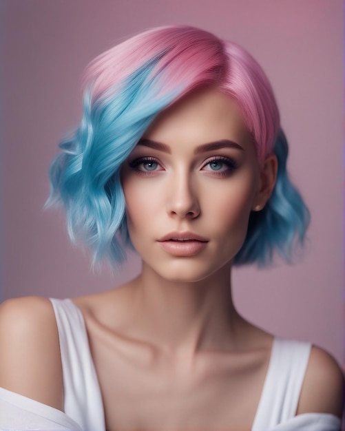 Retrato de la modelo Radiant Spectrum en cabello rosa y azul cielo en lustre rosa