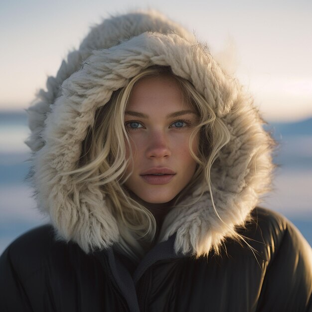 Retrato de una modelo rubia escandinava en el círculo ártico