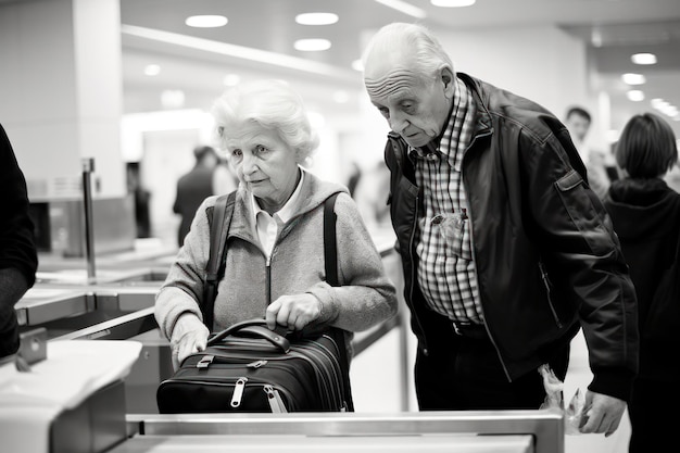 Foto retrato moderno de ancianos esperando en el aeropuerto pareja de ancianos viajando escena generativa del aeropuerto ai