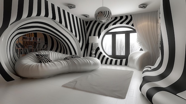 Retrato de moderno diseño de interiores en blanco y negro tipo zebra combinación de colores con un gran espacio para el texto IA generativa