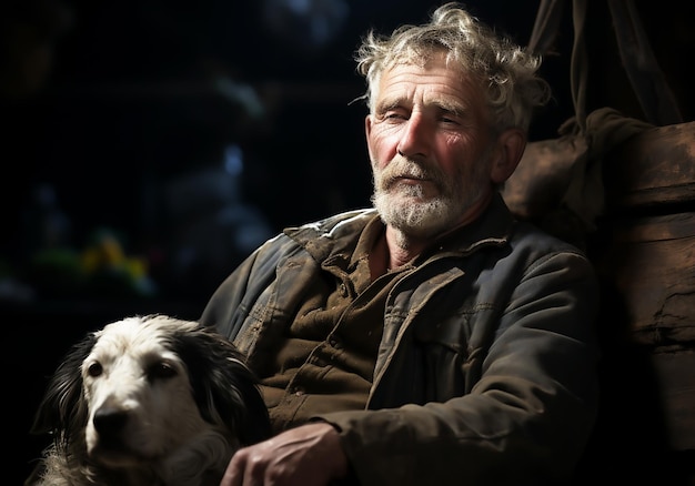 Retrato de un momento de afecto entre un anciano granjero y su perro Cuidado y atención